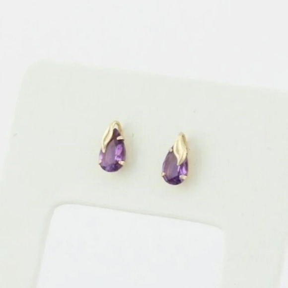 10k Yellow Gold Natural Purple Amethyst Earrings Stud Post - Picture 3 of 8
